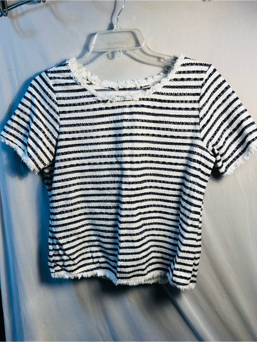 Green Envelope Black & White Striped Fringe-Trim Short Sleeve Top